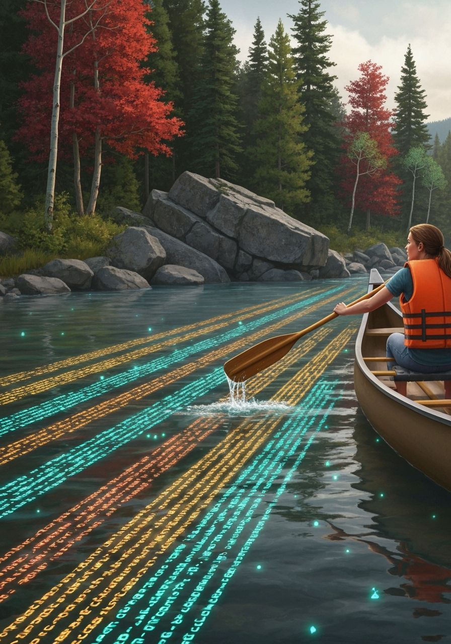 Woman Paddles Canoe Through Code-Filled River