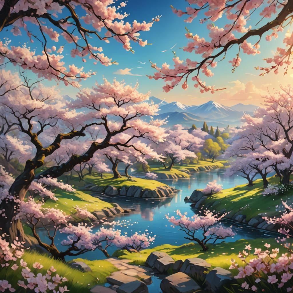 Spring Landscape with Cherry Blossoms as Oil Painting