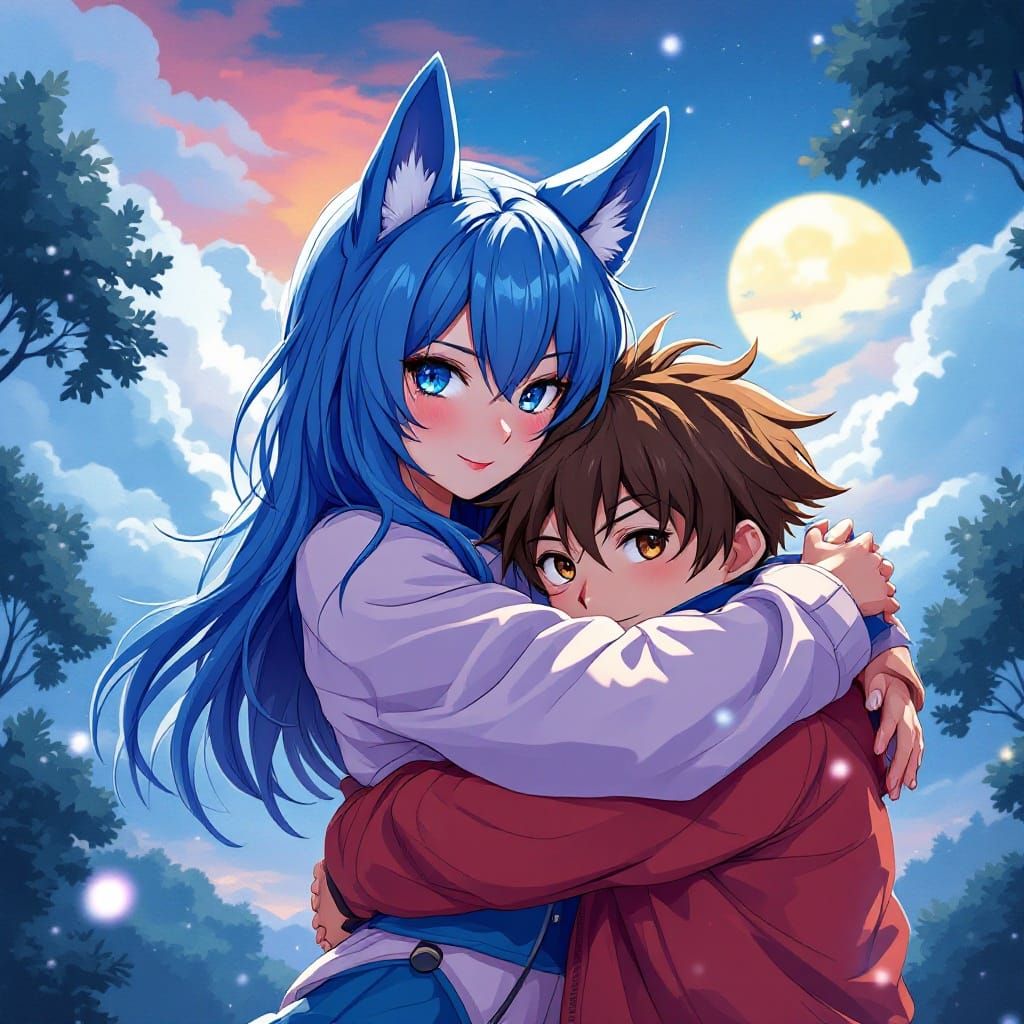 Anime Girl with Wolf Ears Hugs Brother: Studio Trigger Style