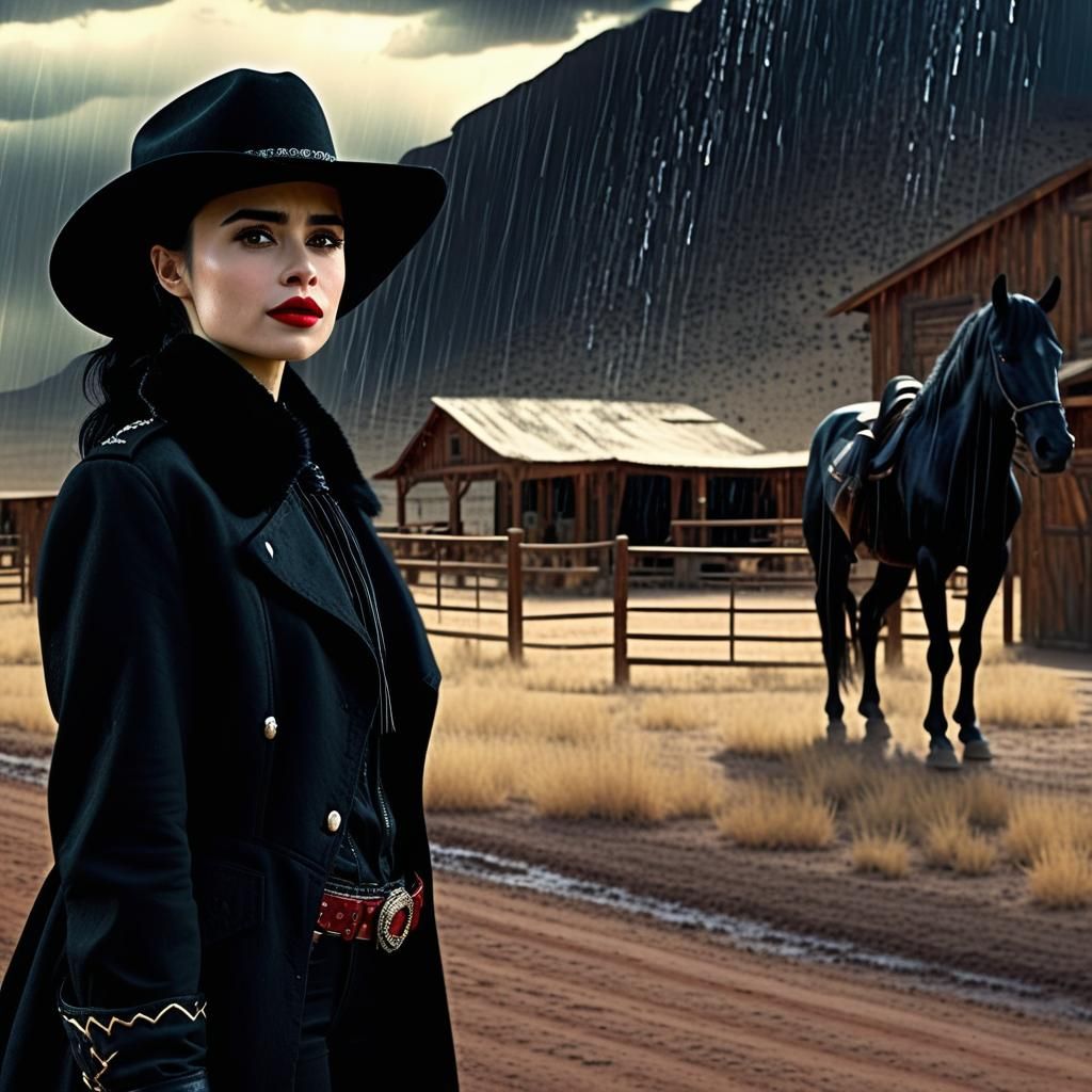 Western Outlaw Portrait with Black Stallion