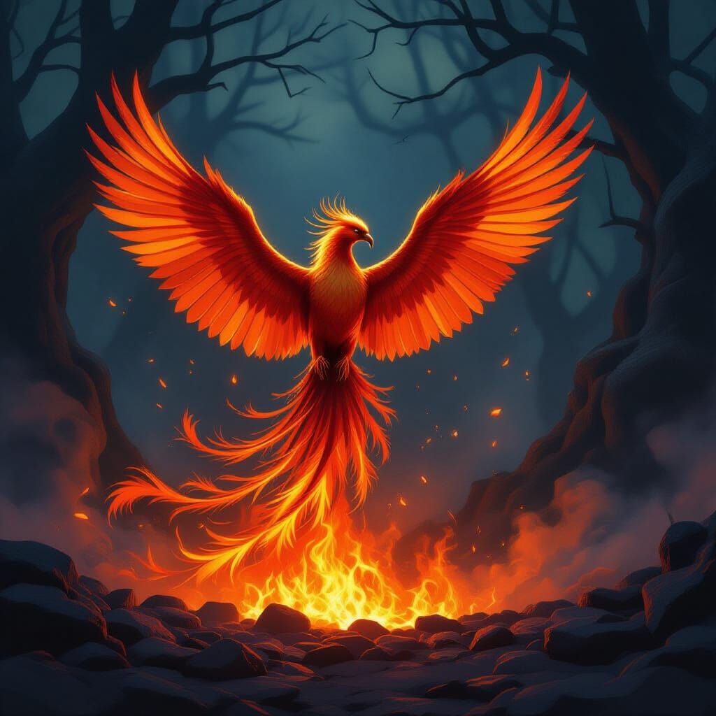 Majestic Phoenix Rises from Embers in Ethereal Forest