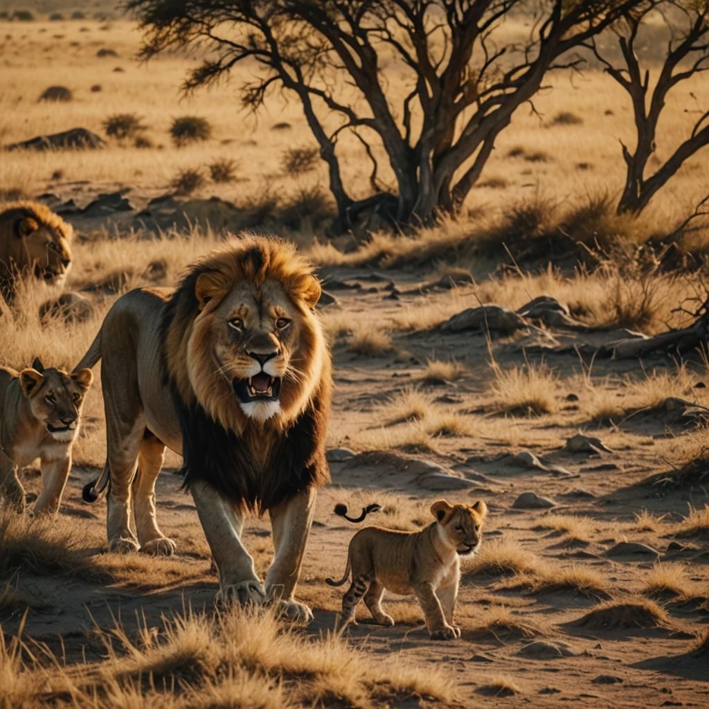 Majestic Lion Roars in Savanna at Golden Hour
