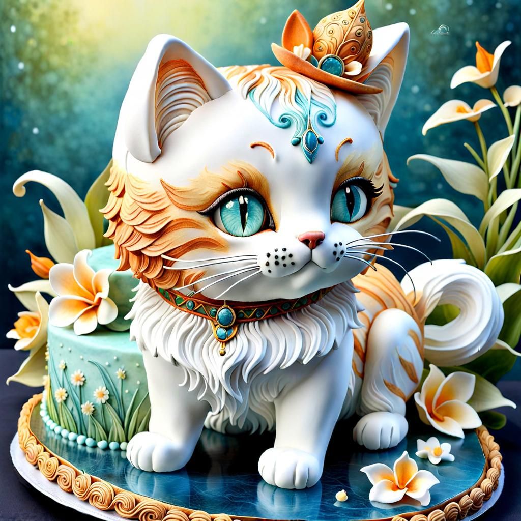 Intricate Cake Cat Sculpture, Detailed 3D Render
