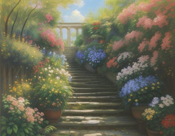 Impressionist Staircase Ascending to Sun-Drenched Sky