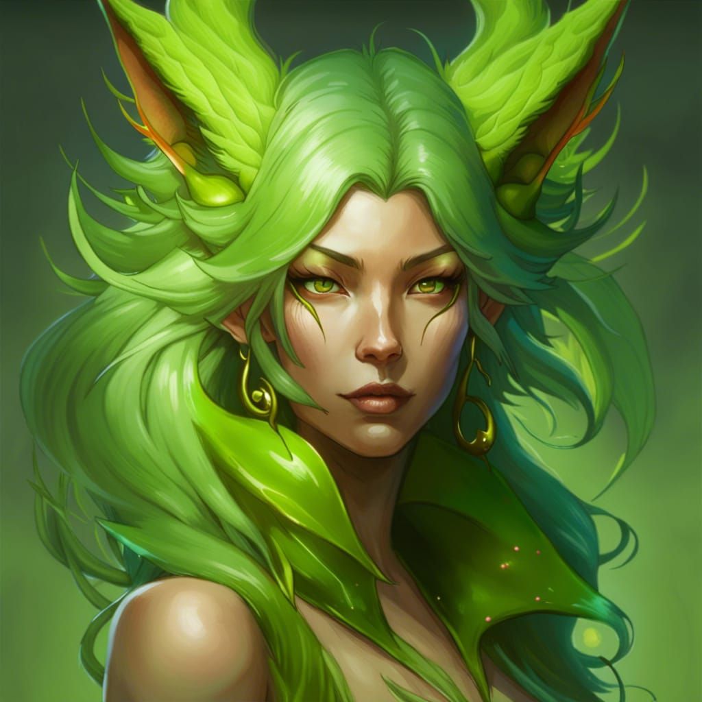 Lime-Green Kitsune Portrait in Digital Art Style
