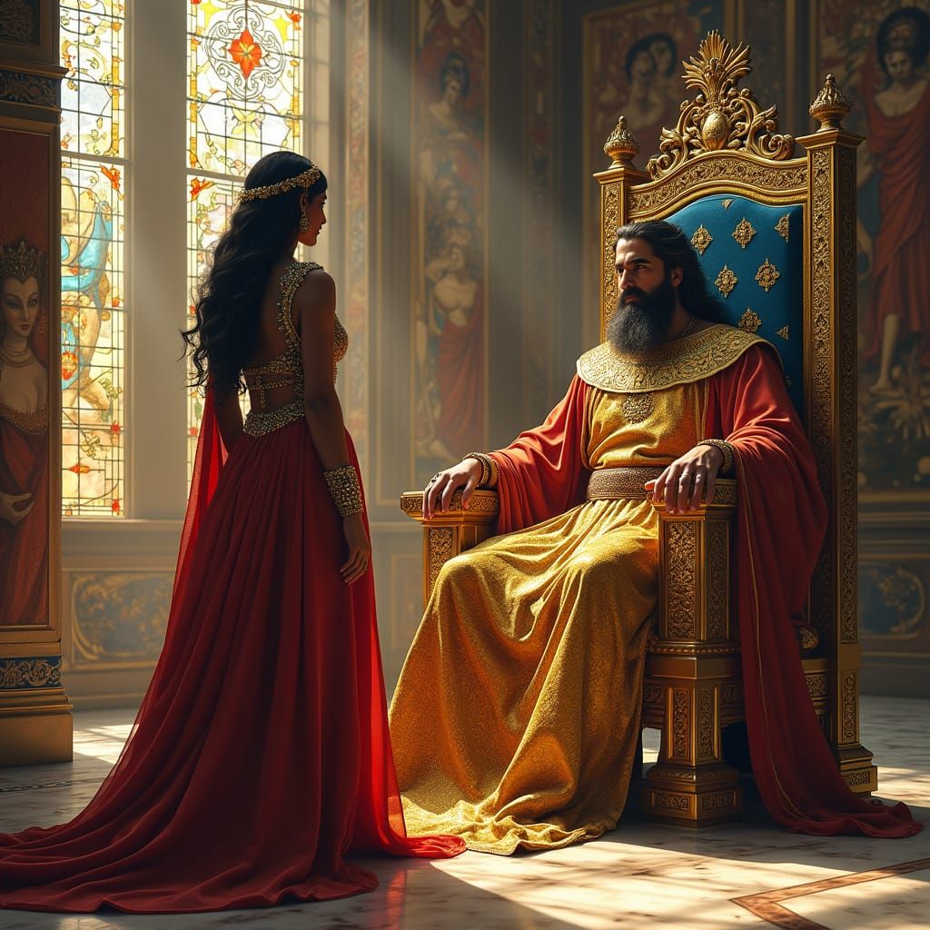 Regal King Solomon Receives Queen of Sheba in Lavish Throne ...