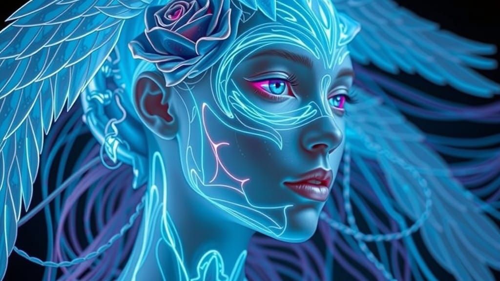 Ethereal Angel Hunter in UV Neon Tattoo Style