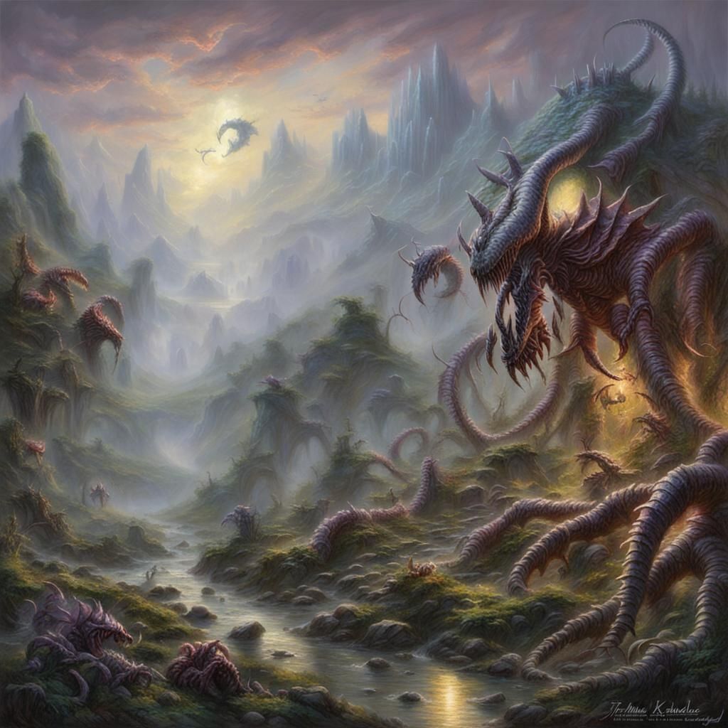Humanoid Tyranid in Ethereal Fantasy Landscape