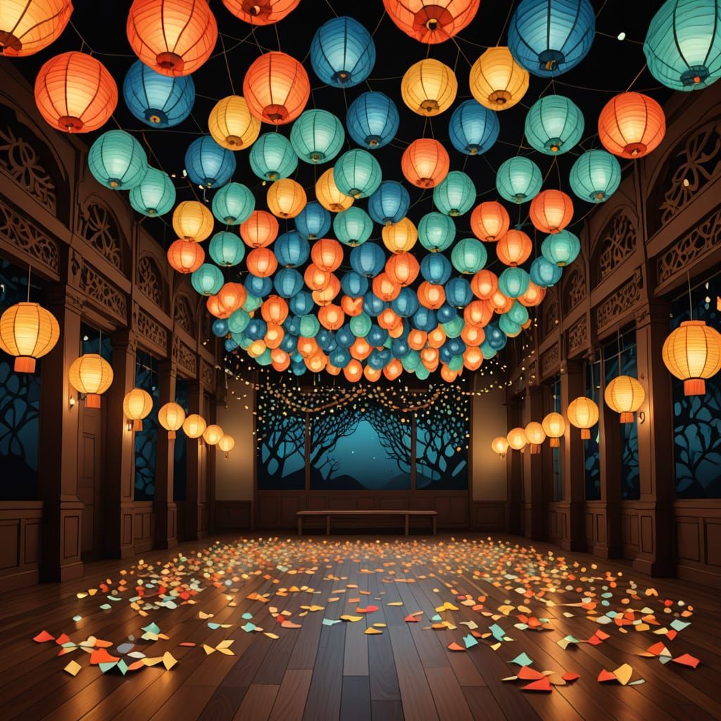 Illuminated Lantern Hall with Abstract Fractal Accents