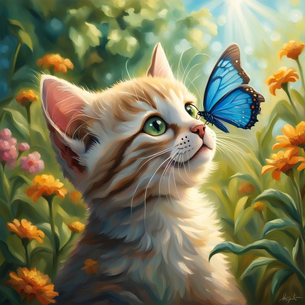 Cute Kitten's Butterfly Surprise: An Impressionistic Oil Pai...