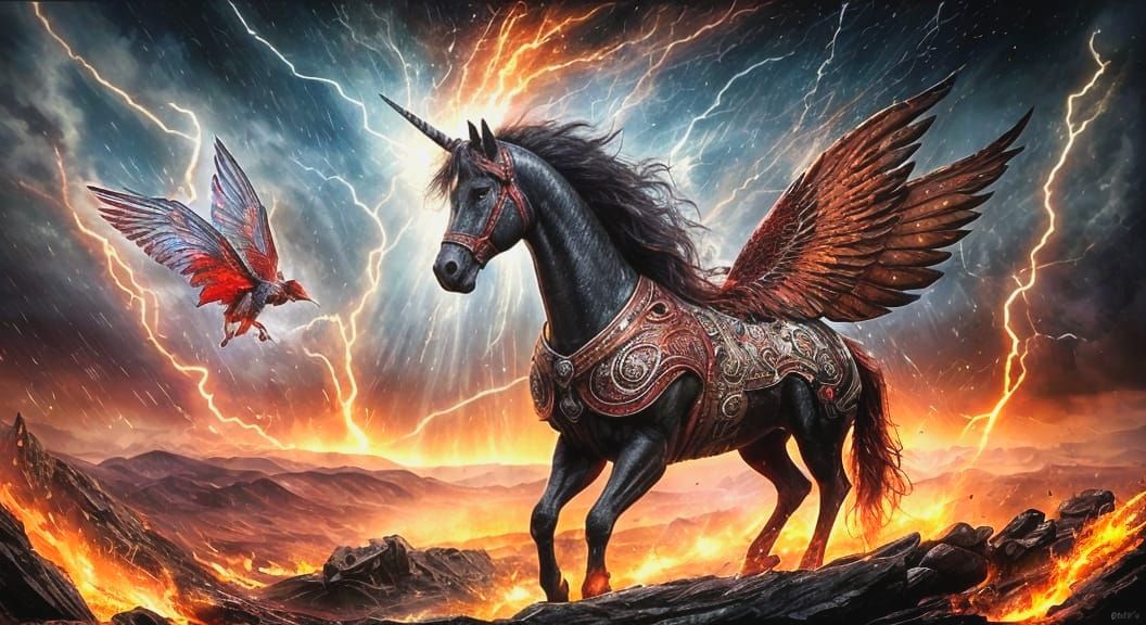Crimson Fairy and Unicorn in Expressionist Storm