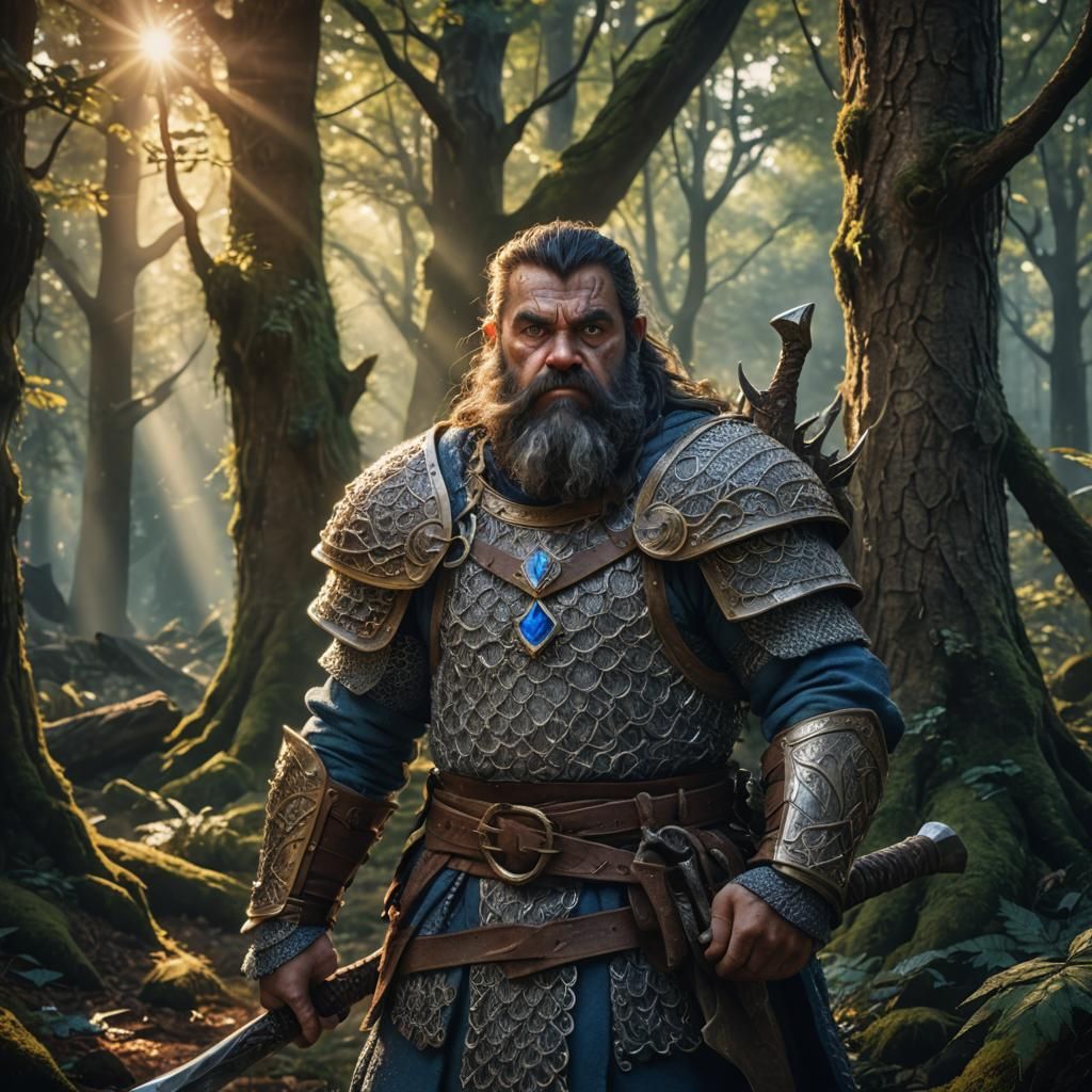 Dwarf Warrior in Mystical Forest, Fantasy Art