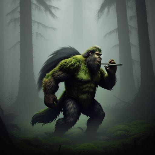 Bigfoot and Skunkape in Misty Ancient Forest