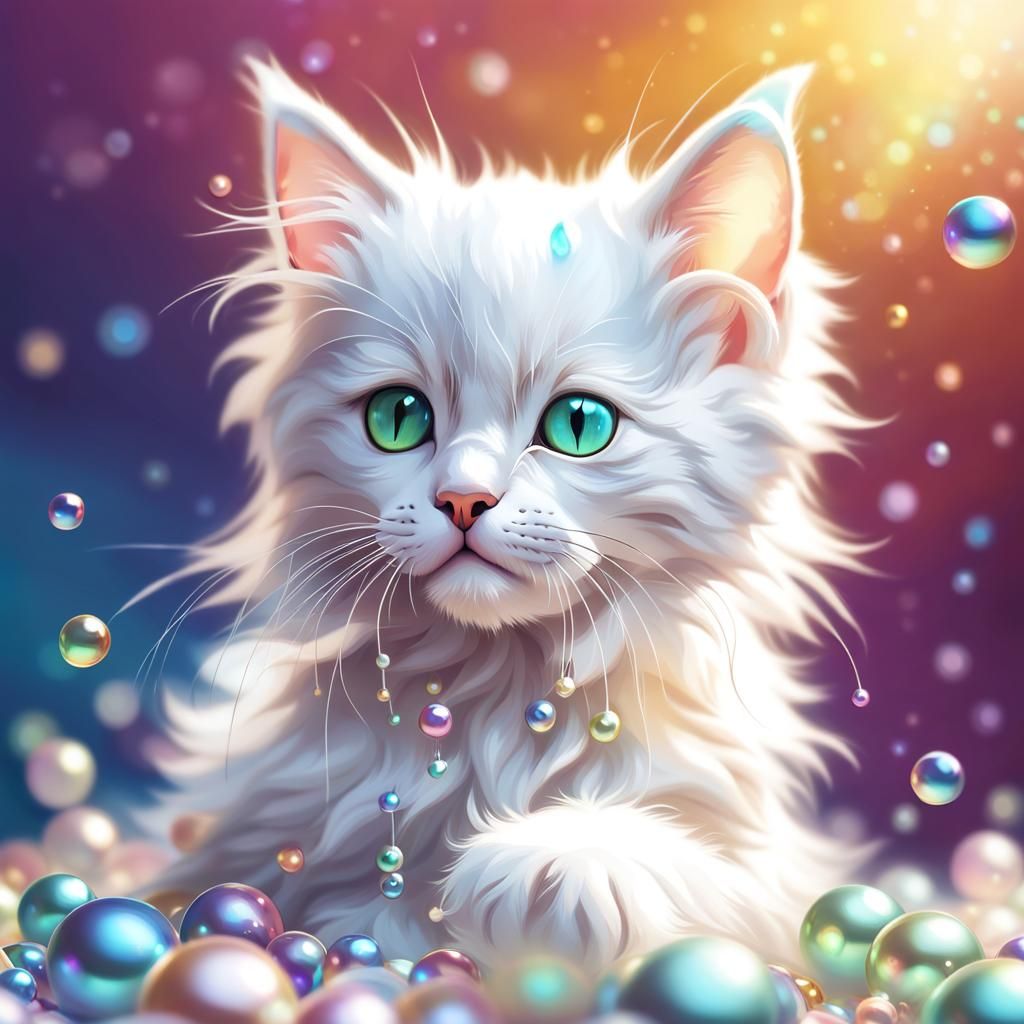 Fluffy Kitten with Iridescent Pearls: Hyperrealistic Art