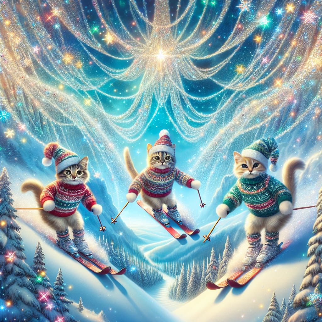 Mystical Feline Skiers in Winter Wonderland