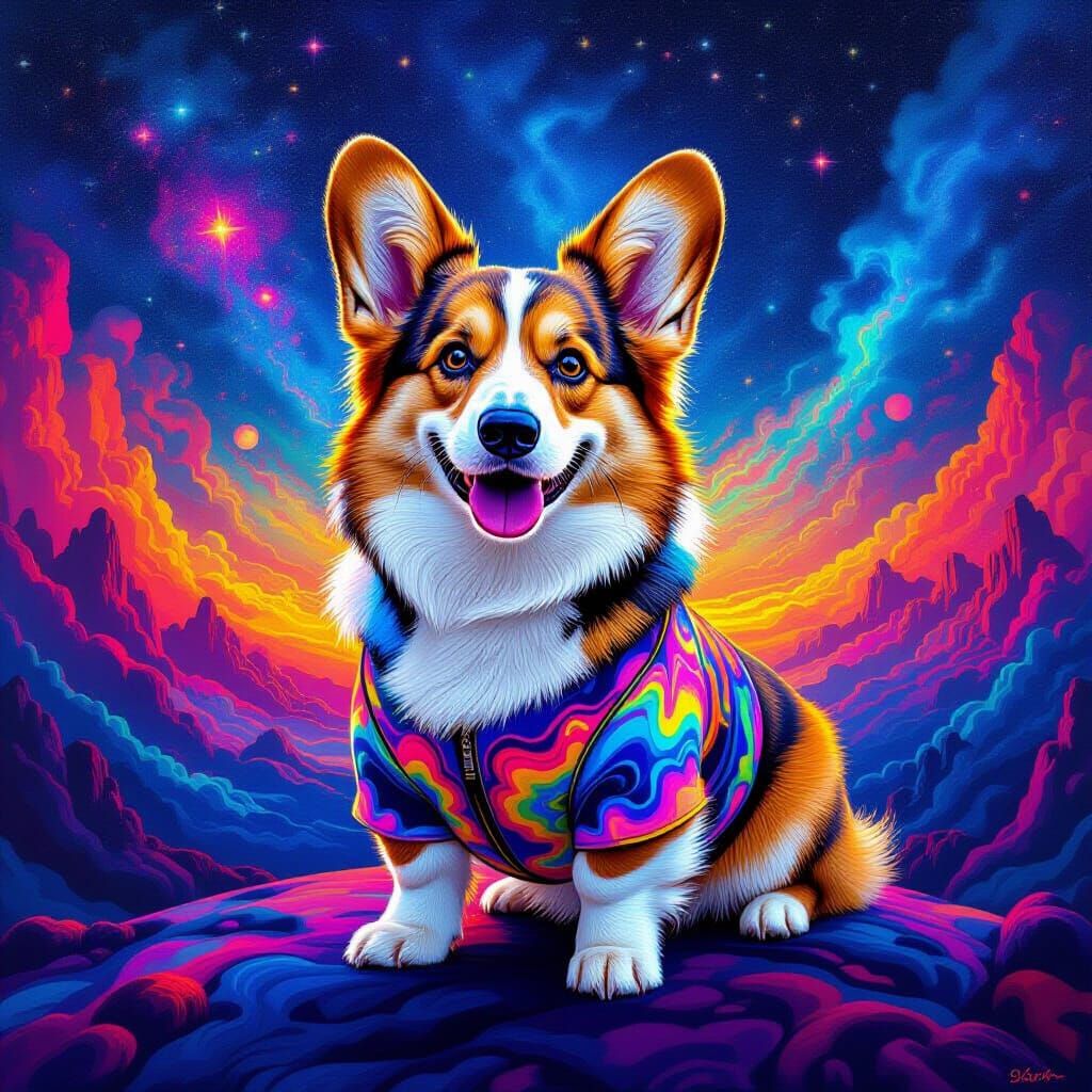 Psychedelic art. A corgi suit with vibrant, flowing patterns...