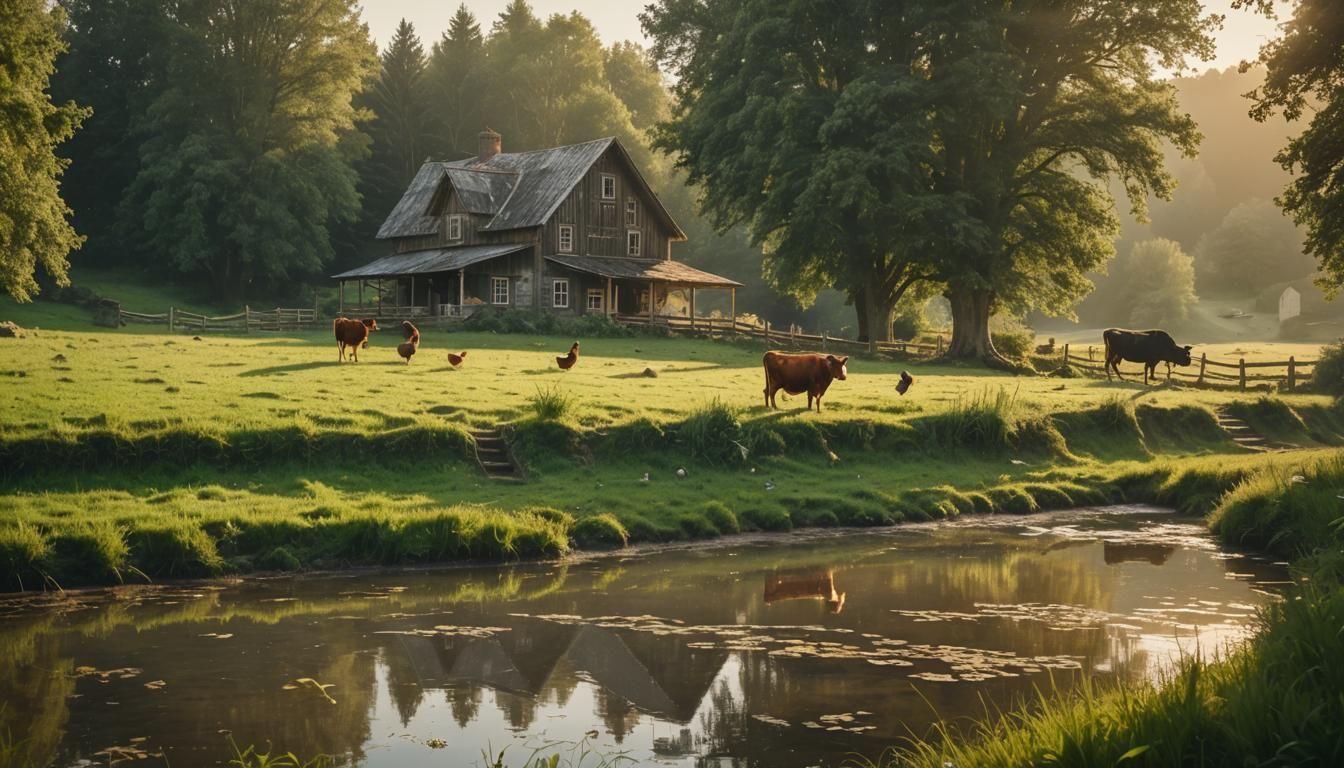 Idyllic Farmhouse Scene in Golden Hour Light