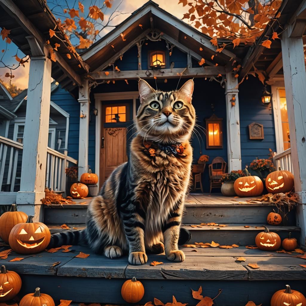 Cat and Jack-O-Lantern on Spooky Porch