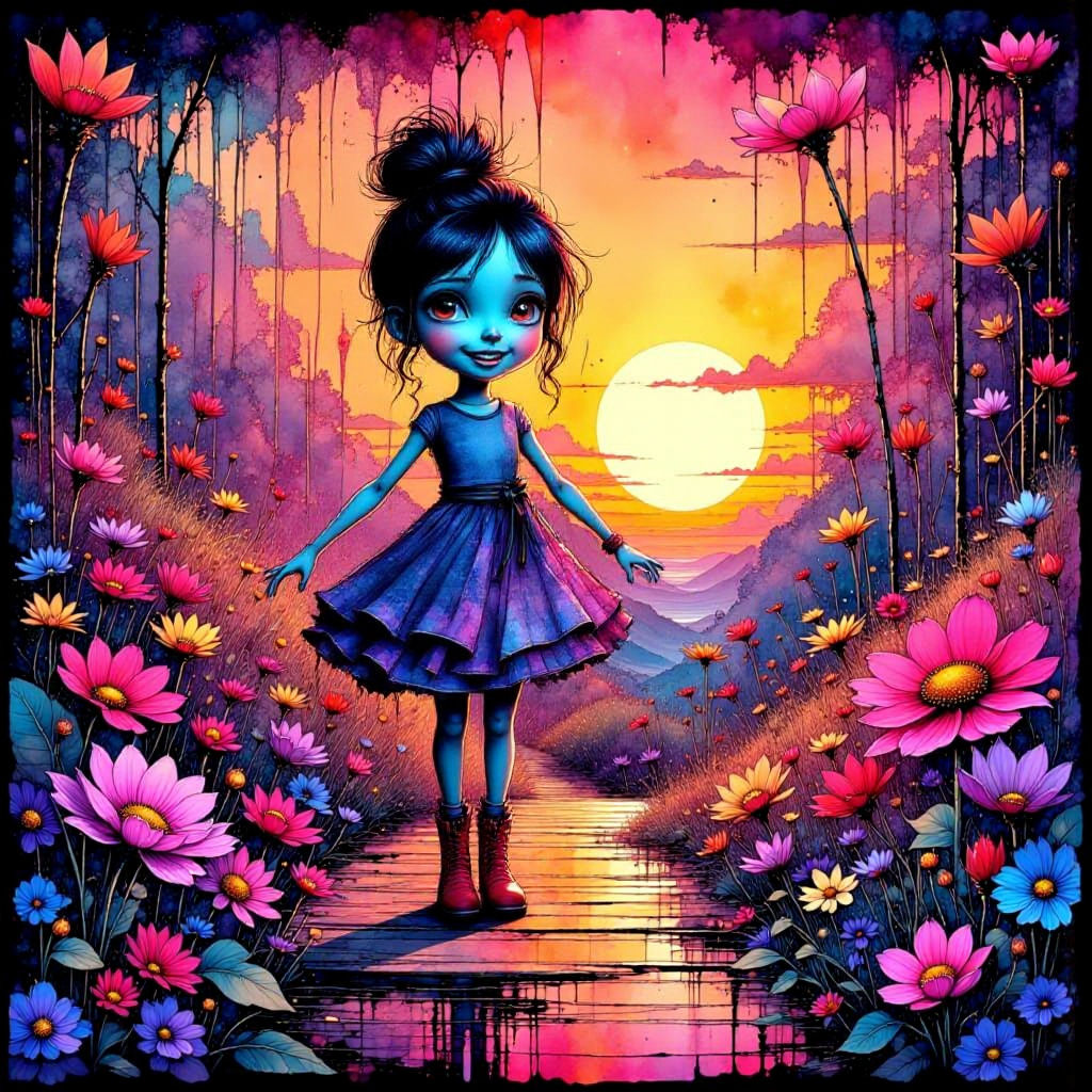 Psychedelic Kidcore Girl Dancing in Alien Garden