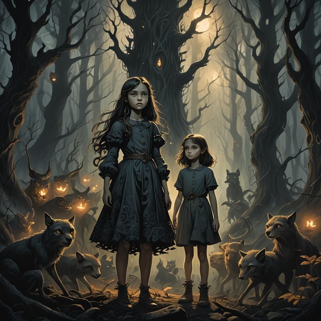 Eerie Forest Girl Surrounded by Glowing Animals