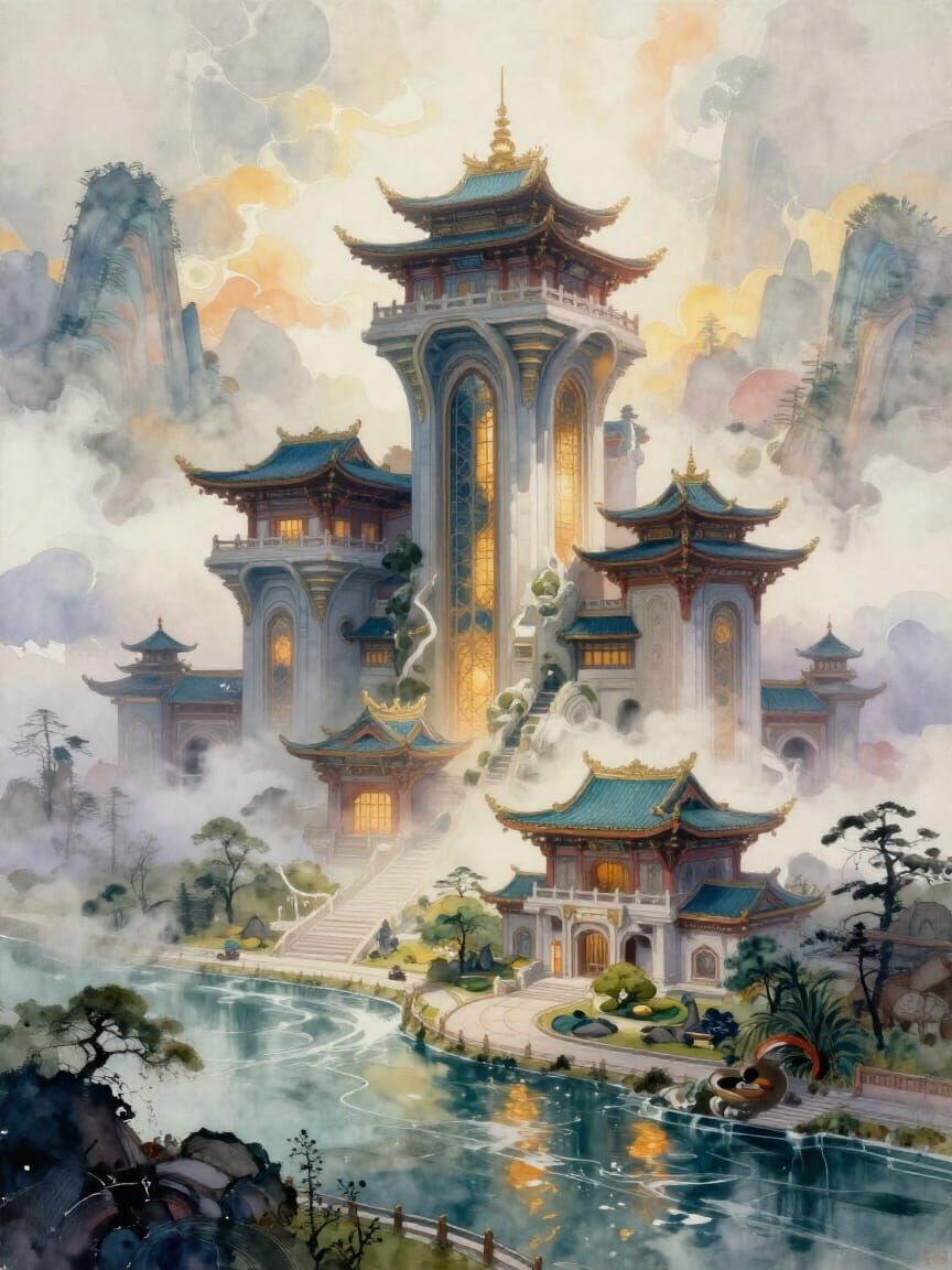 Futuristic East Asian Mansion with Waterways in Watercolor