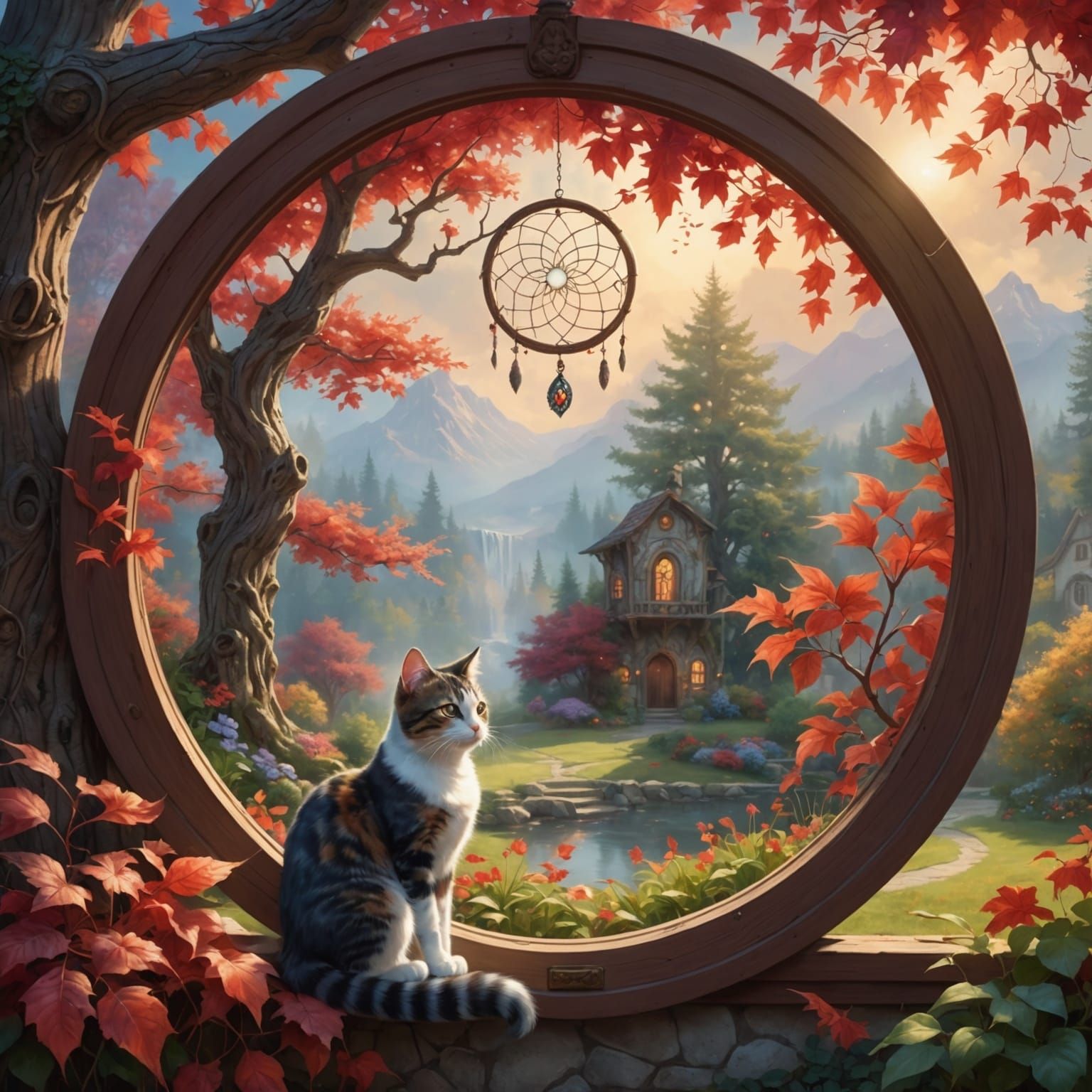 Cat Gazing Through Ethereal Window into Fantasy Garden