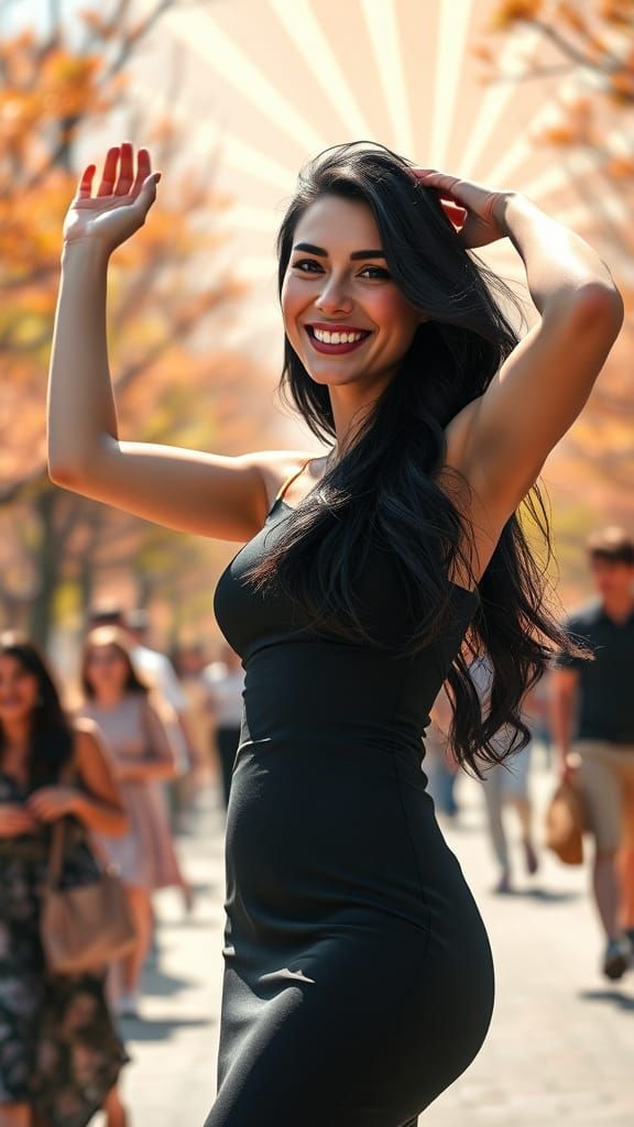 Joyful Woman in Sunlit Park: Photorealistic Art Nouveau Port...