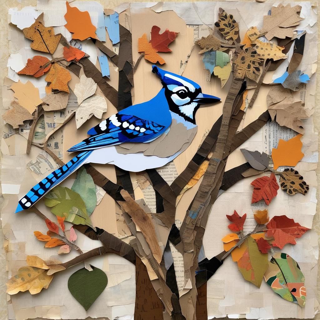 Blue Jay in Oak Tree: Maximalist Collage Art