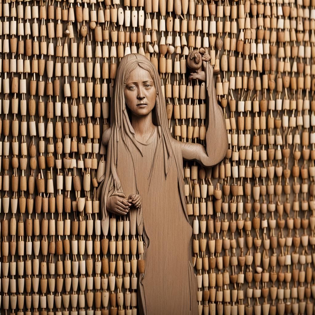 Portrait of Weeping Woman Made of Wooden Pins