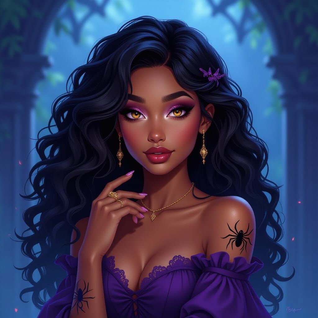 Fantasy Book Cover: Woman with Striking Eyes and Spider Tatt...