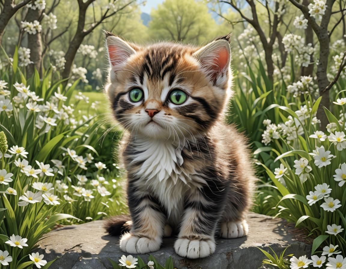 Adorable 3D Kitten with Green Eyes in Spring