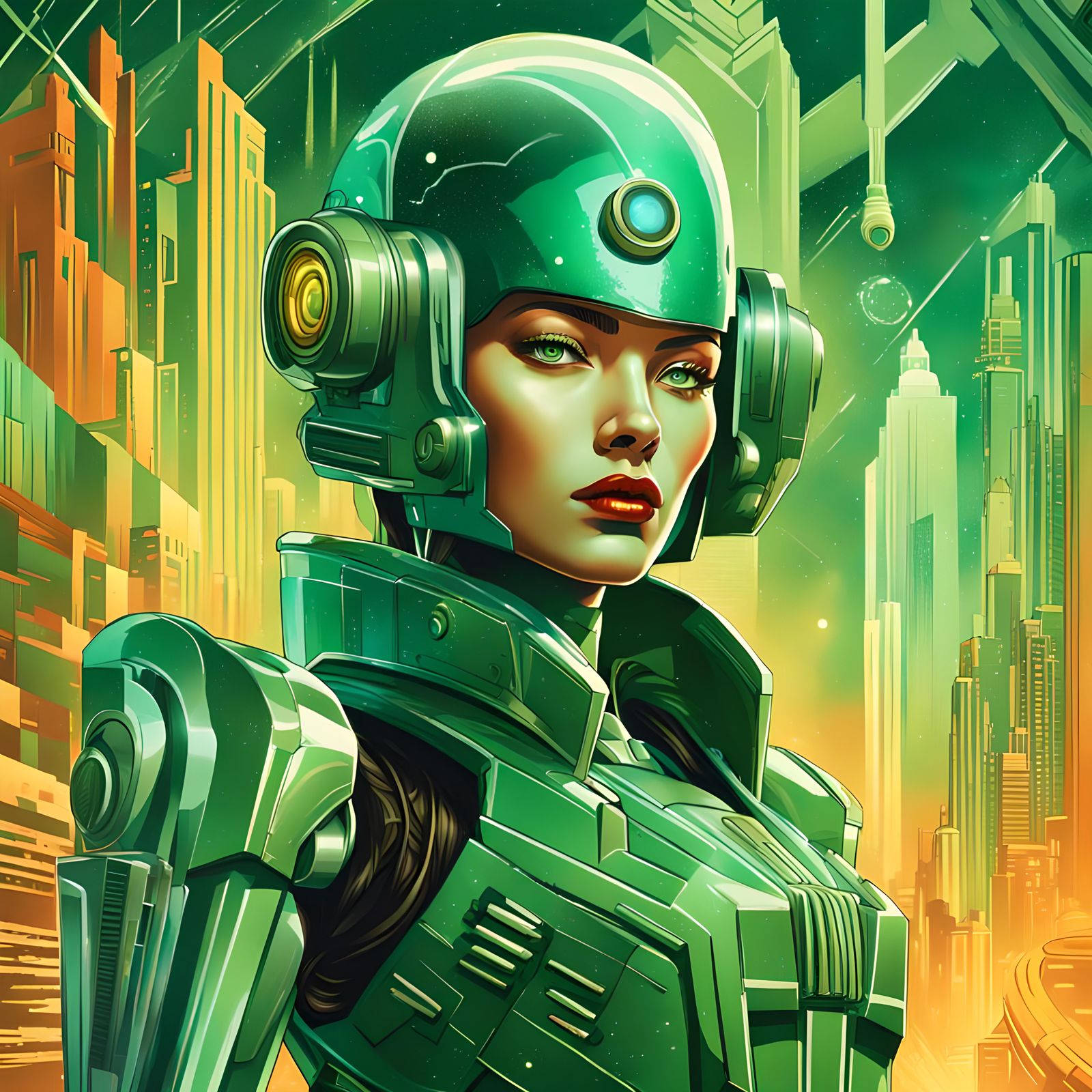 Art Deco Futuristic Space Woman with Ray Gun