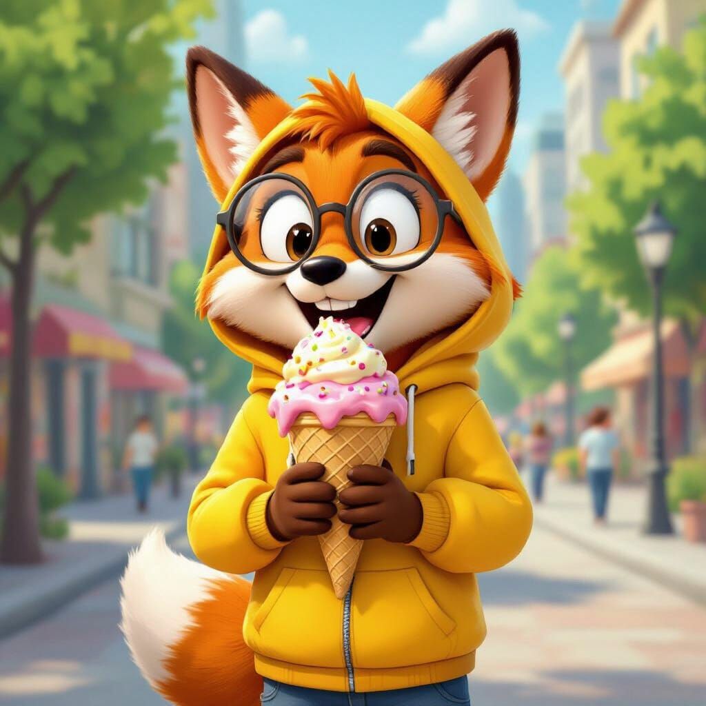 Cartoon Fox with Ice Cream in City Park