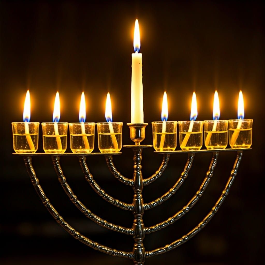 Traditional Menorah with Glass Cups and Elegant Wax Candle