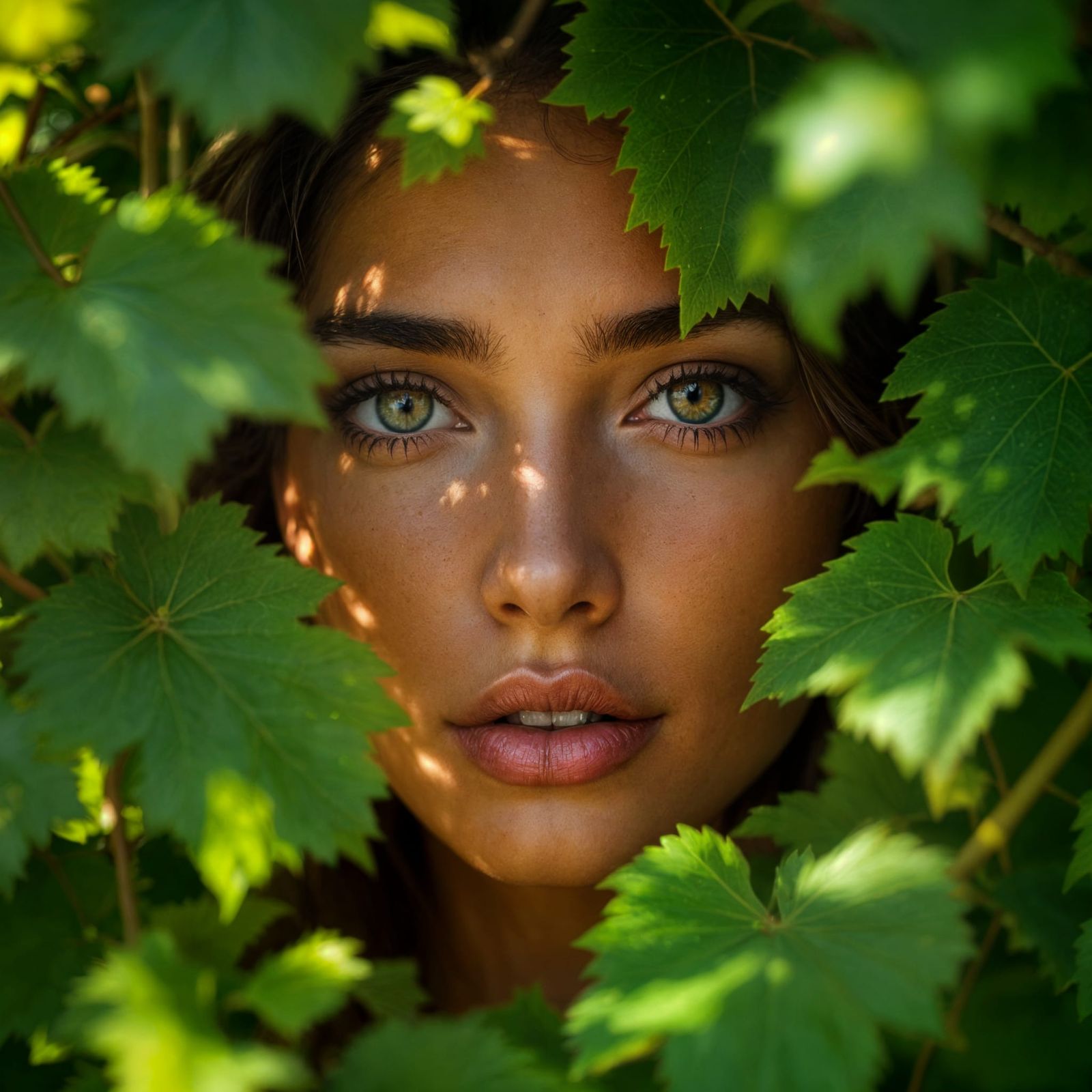 Ethereal Woman Emerges from Vineyard Canopy