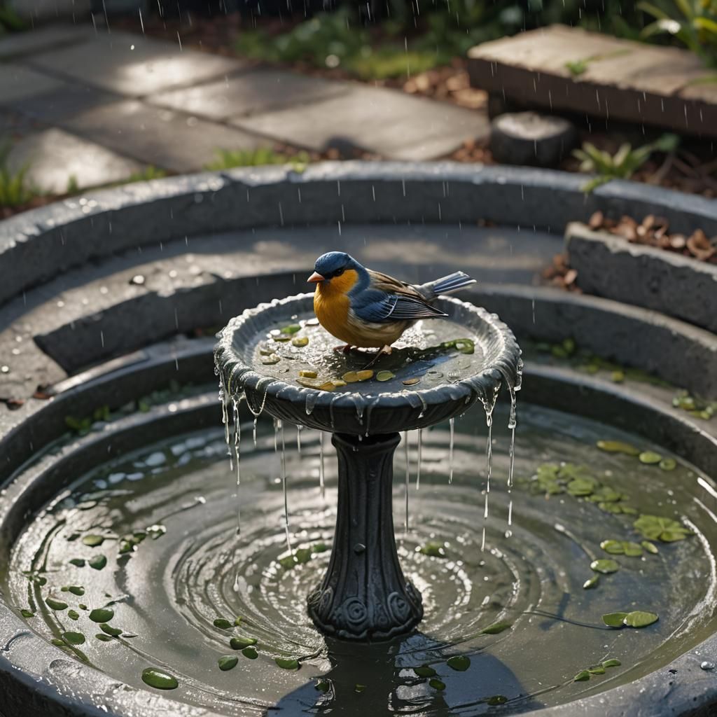 Concrete Bird Bath in Gentle Rain, Matte Painting