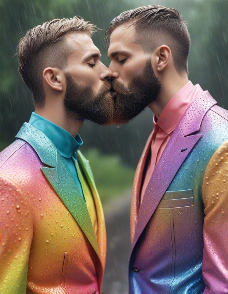 Elegant Gay Couple Kisses in Rainbow-Colored Attire Under Ra...