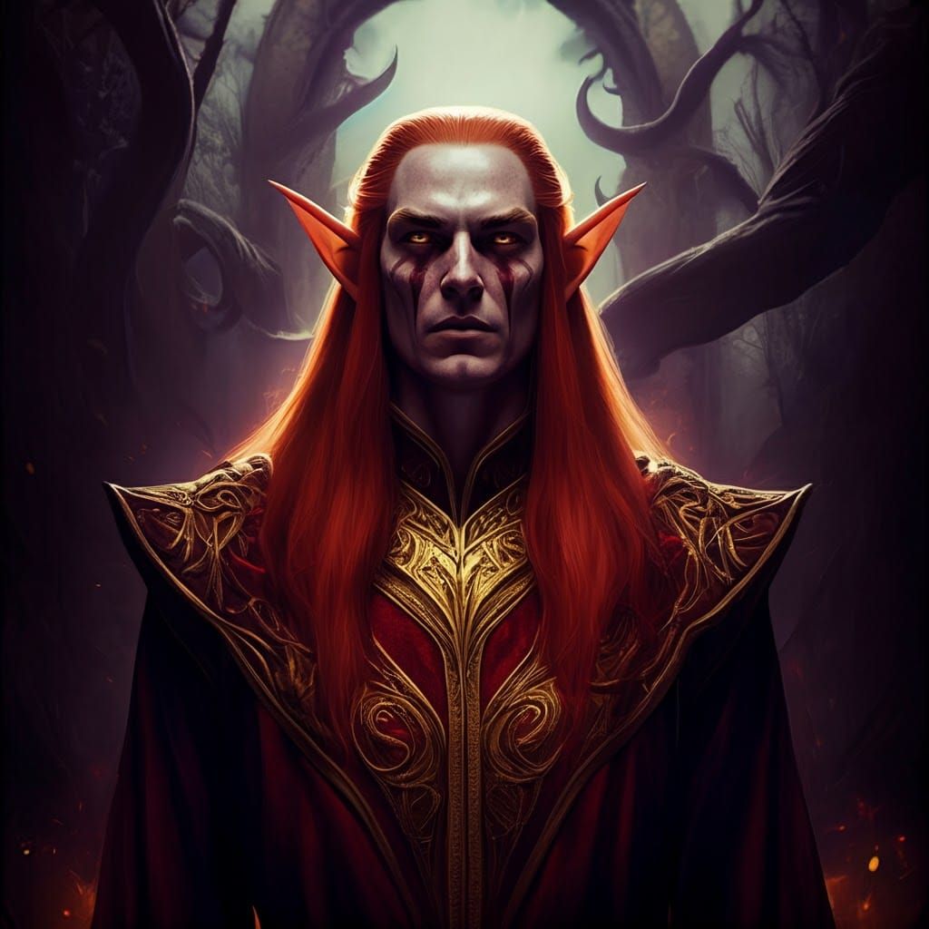 Crimson Elves in a Dark Fantasy Forest