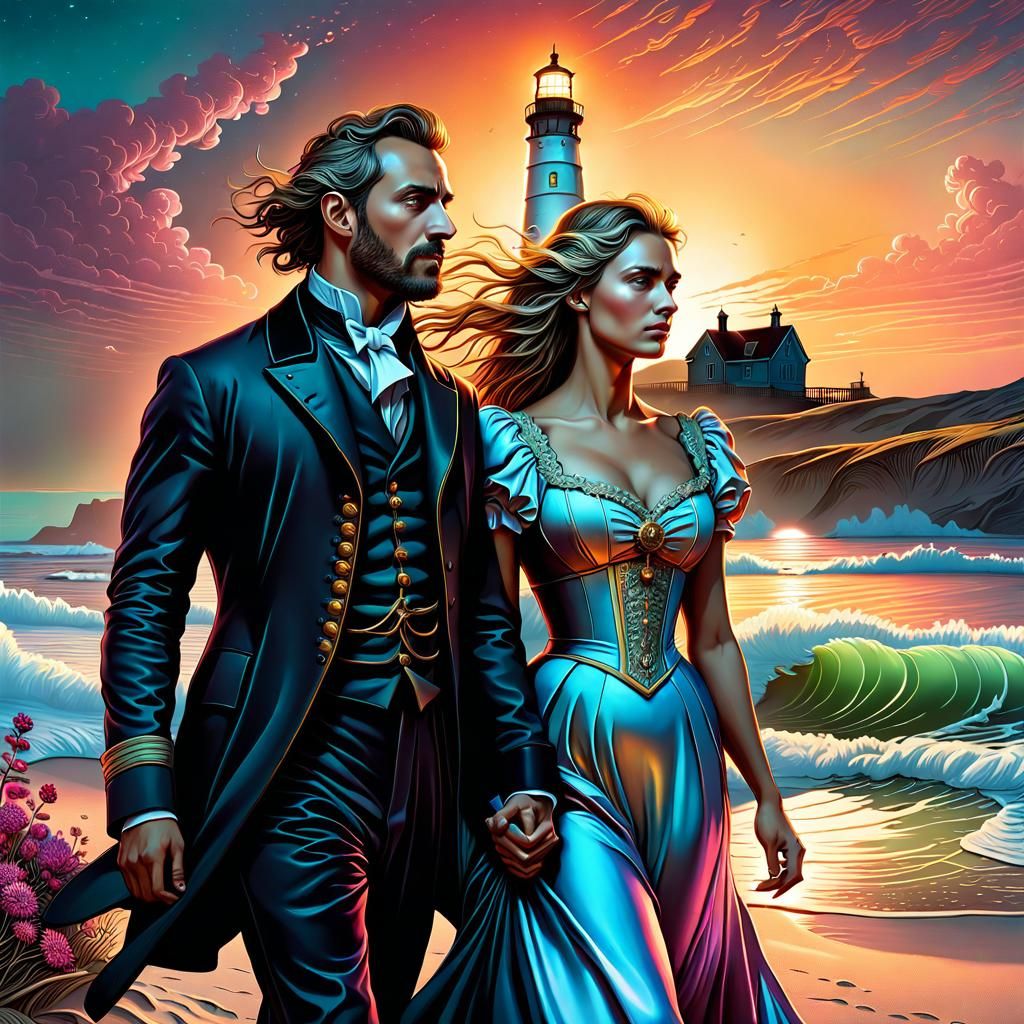 Sunset Beach Stroll: Cosmic Mixed Media Illustration