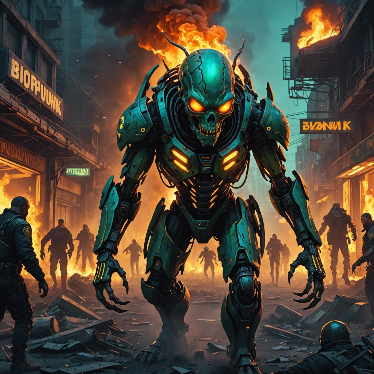 Biopunk zombie biopunk alien hoard taking over a burning and...