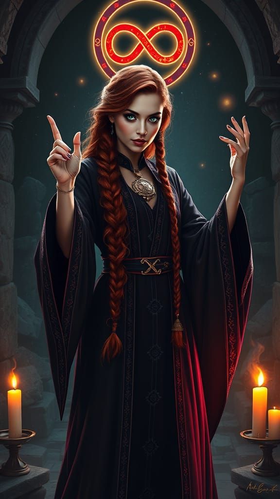Magical Woman in Crimson Robes Casting Spell