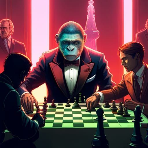 Chimpanzee Beats Man at Chess in Cyberpunk Style
