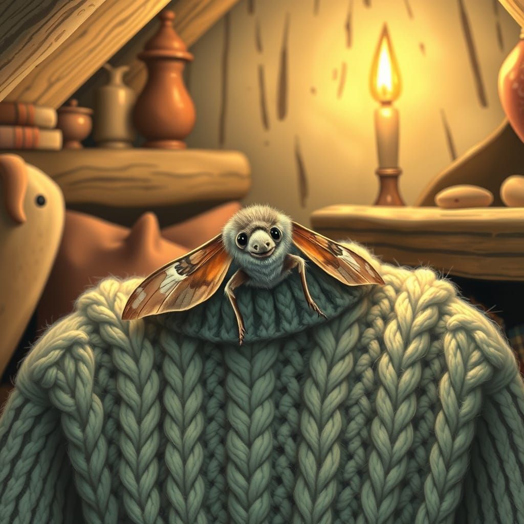 Moth Eats Sweater in Cozy Attic, Beatrix Potter Style