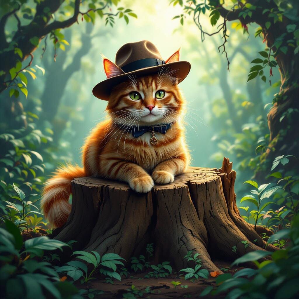 Whimsical Ginger Cat in Fedora on Ancient Tree