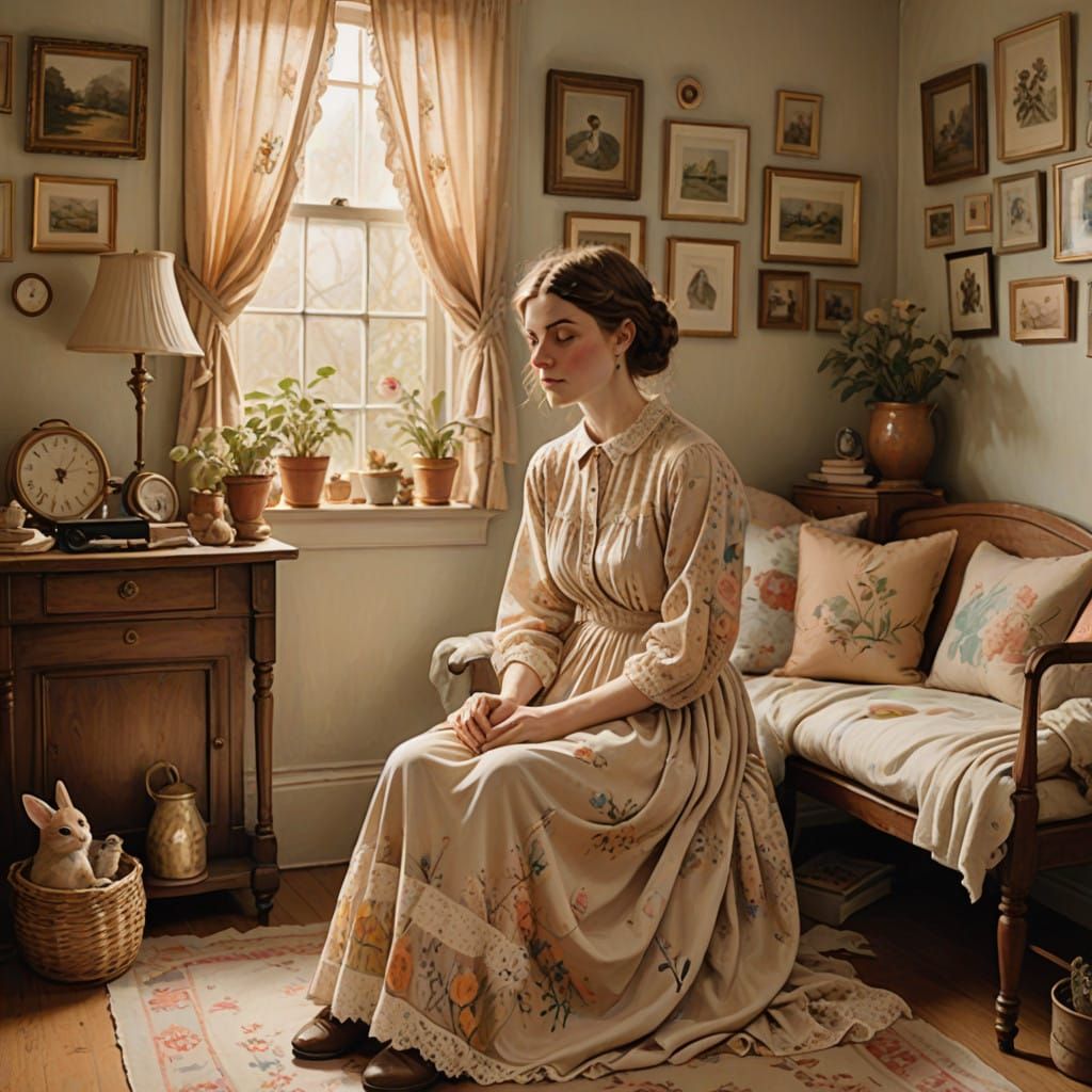 Whimsical Woman in a Vintage-Inspired Sanctuary