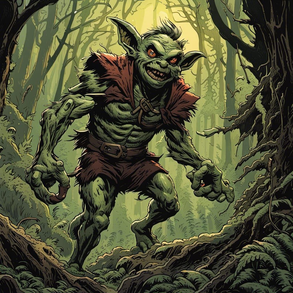 Goblin in Forest: Comic Book Art Style