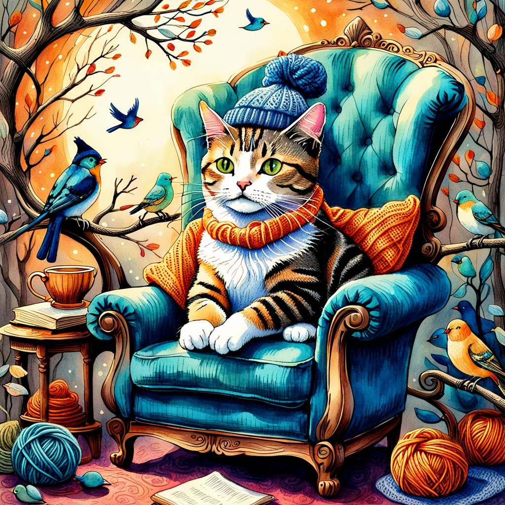 Cat Knitting Hats for Birds: Whimsical Watercolor Illustrati...