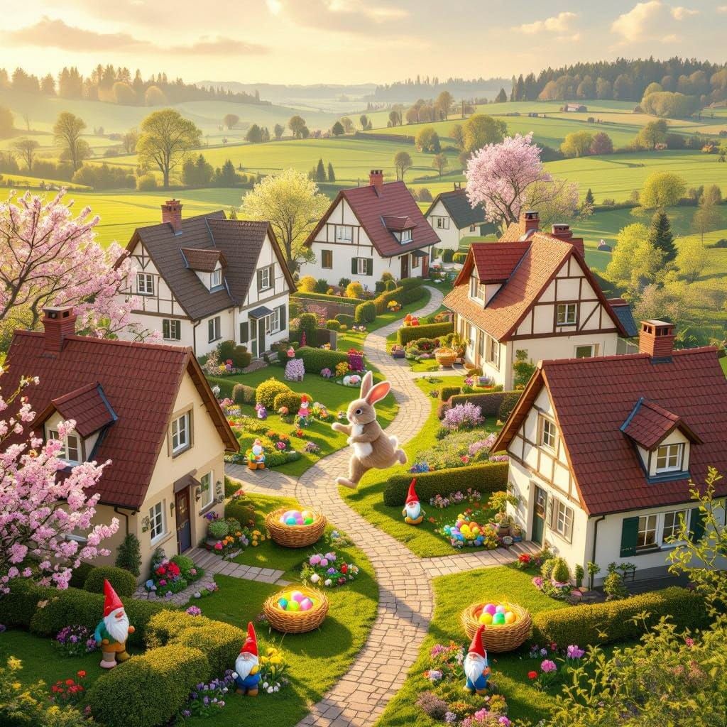 Easter Bunny's Whimsical Morning Flight Over a Peaceful Vill...