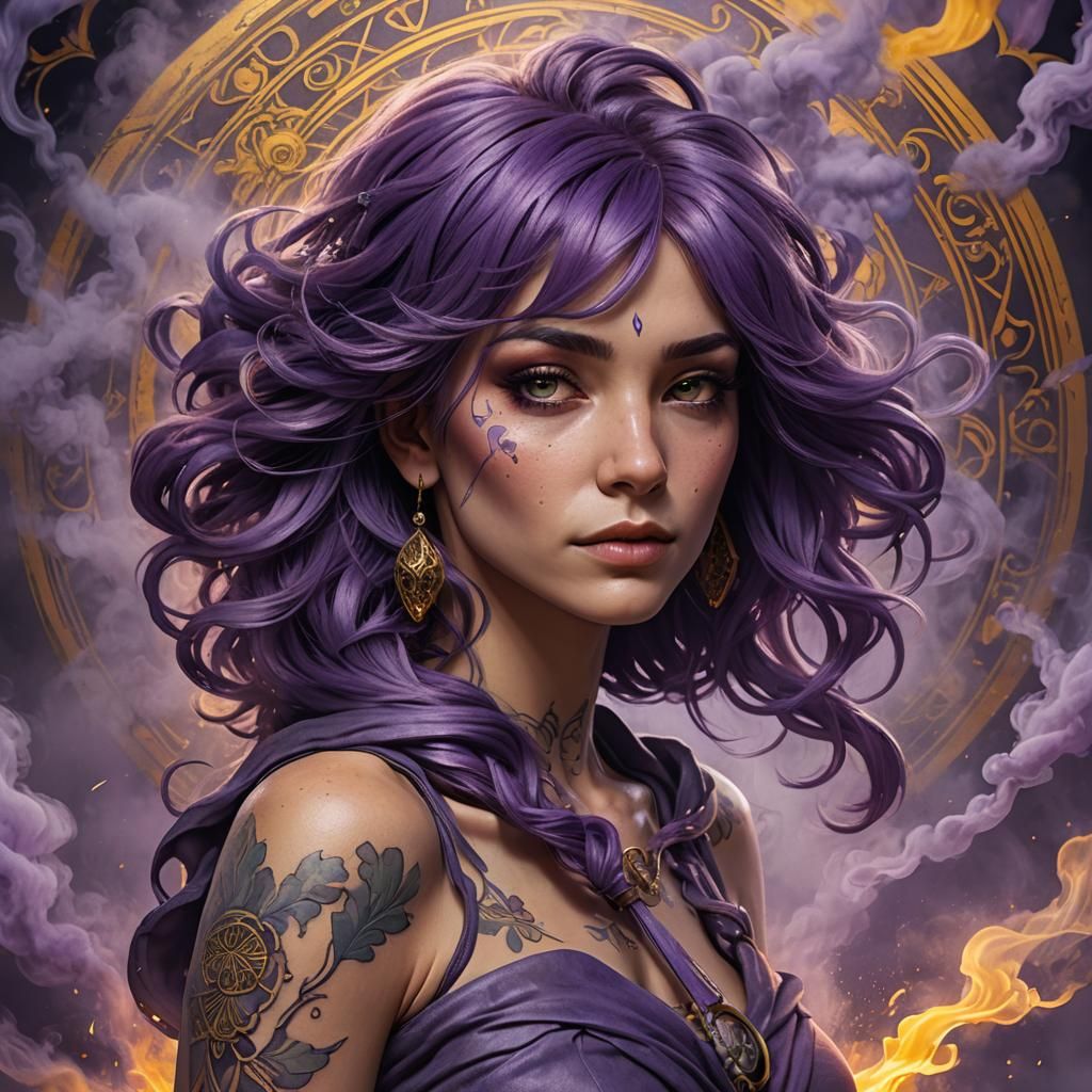 Purple Haired Woman with Lavender Tattoo, Art Nouveau