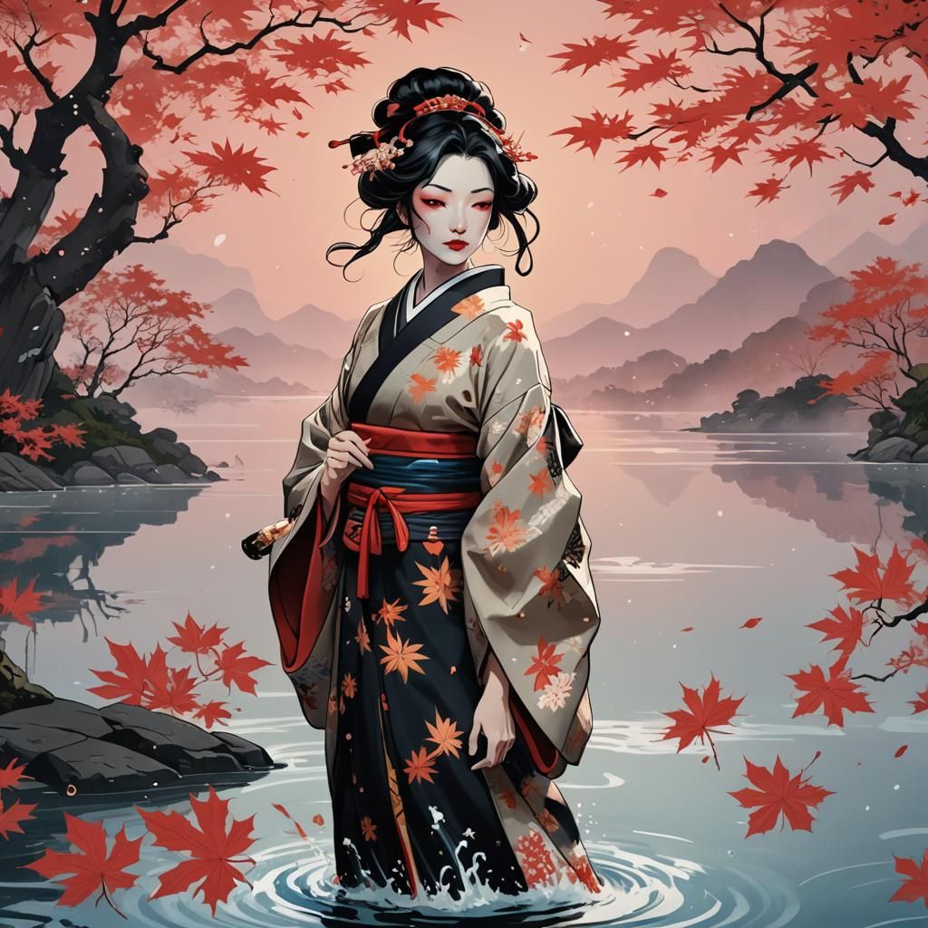 Ukiyo-e Style Woman in Kimono by Lake